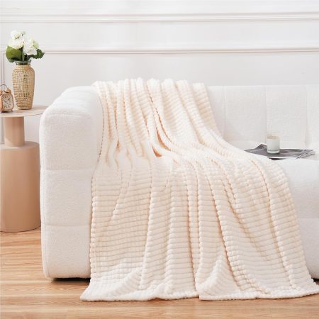 Flannel Fleece Throw Blanket Cream White 50"??60",Super Soft Plush Cozy Blanket with 3D Jacquard Square Grid Design Luxury for Couch Sofa Chair