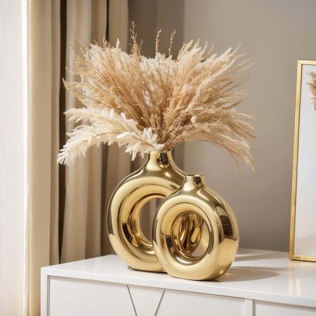 Glossy Gold Ceramic Vase Set of 2,Round Donut Hollow Flower Vases for Home Decor Accents,Modern Minimalist Centerpiece Table Decorations,Wedding,Living Room,Bookshelf,Office,Entryway