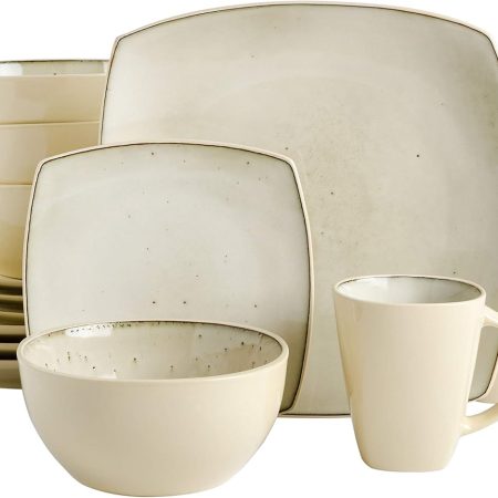 Square Reactive Glaze Stoneware Dinnerware Set, Service for 4 (16pc), Speckled Taupe