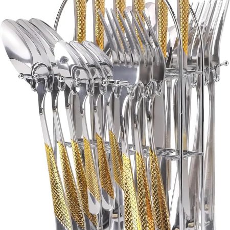 Gold Silverware Set,  24 Pieces Flatware Set with Silverware Holder, Stainless Steel Knives and Forks and Spoons Cutlery Set Service for 6, Kitchen Utensil Tableware Set with Antiskid Handle