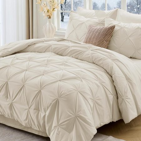Queen Comforter Set, 7-Piece Bed in a Bag, Pintuck Bedding Sets for All Season, Includes Comforter, Flat Sheet, Fitted Sheet, Pillowcases and Pillowshams, Beige