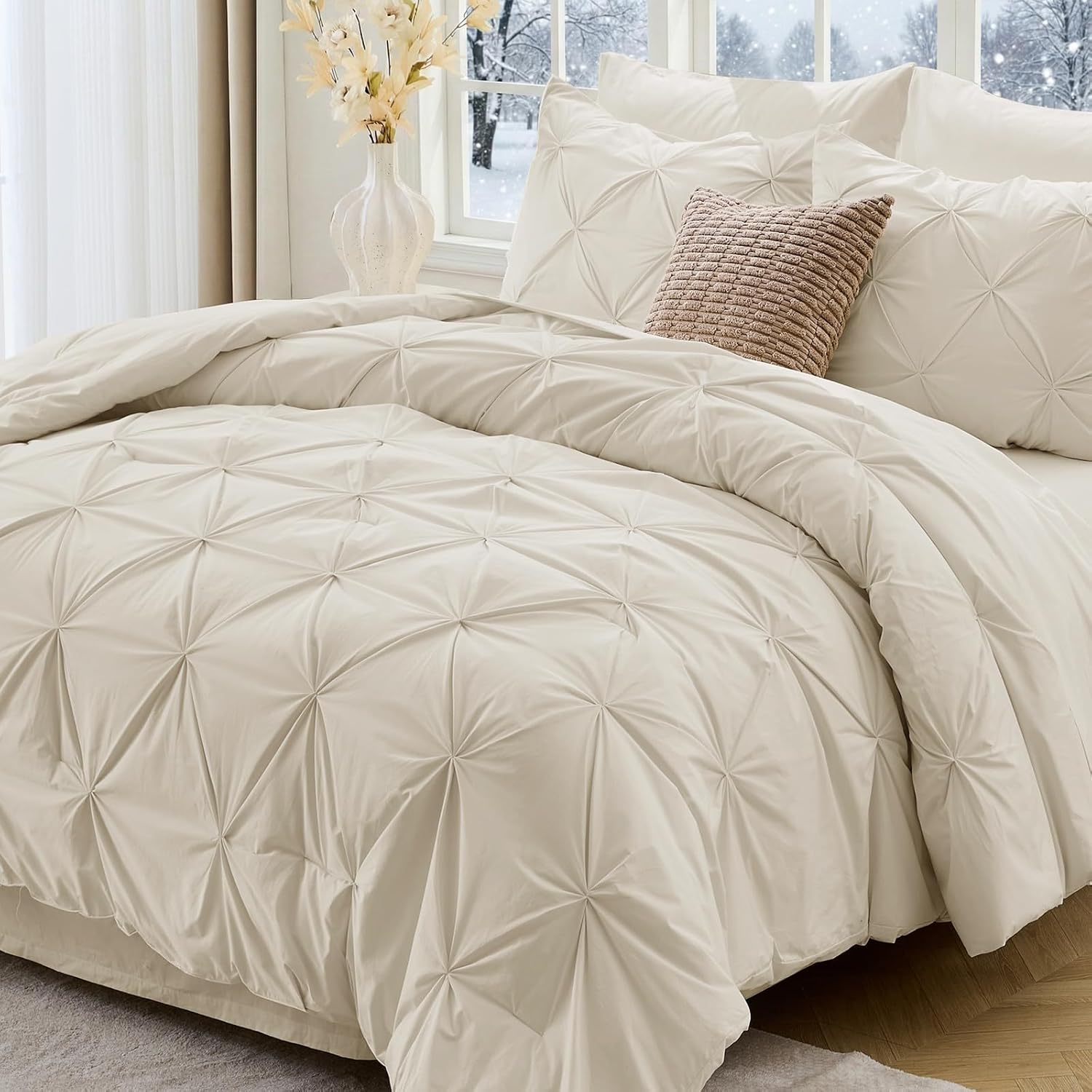 Queen Comforter Set, 7-Piece Bed in a Bag, Pintuck Bedding Sets for All Season, Includes Comforter, Flat Sheet, Fitted Sheet, Pillowcases and Pillowshams, Beige