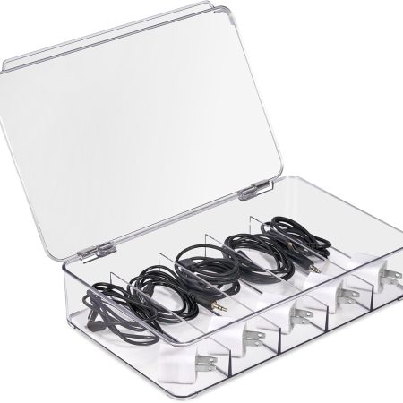 Clear Cable Organizer Storage Box ?C Durable Plastic Wire Management Solution with Hinged Lid & 5 Fixed Dividers for Home & Office and Sorting Jewelry, Small Toys, Building Blocks, Markers