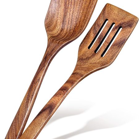 2Pcs Wooden Spatula, Acacia Solid & Slotted Turner Spatula Set, Long Handle Flat Frying Spatulas, Ideal Kitchen Gift for Mother and Grandma, Kitchen Utensils Set for Cooking, Frying, Baking