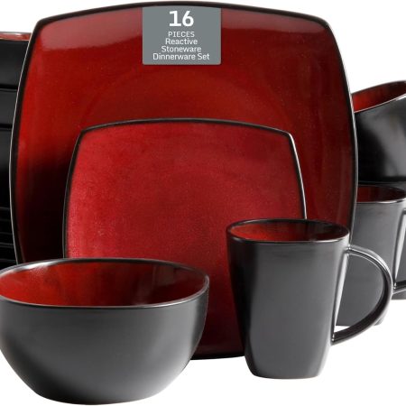 Square Reactive Glaze Dinnerware Set, Red, Service for 4 (16pcs)