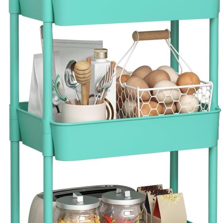 3-Tier Plastic Rolling Utility Cart with Handle, Multi-Functional Storage Trolley for Office, Living Room, Kitchen, Movable Storage Organizer with Wheels, Green