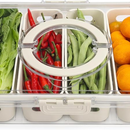 Salad Bar Containers for Fridge with Lid and Handle, Fruit Storage Containers with 4 Removable Colanders, Berry Box Fresh Produce Saver for Fruit, Veggie, Refrigerator, Kitchen, Picnic