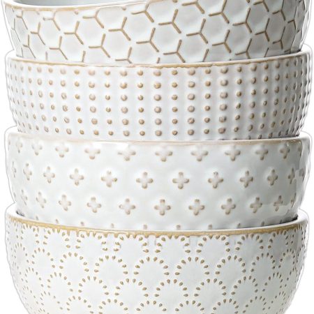 Cereal bowls 26 oz, Ceramic Soup Bowl for Kitchen, Embossment Stoneware Bowl for Pho, Chip, Fruits, Salad, Noodle, Ramen, Suit For Housewarming - 6 Inch, Set of 4, Arctic white