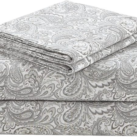 100% Percale 4 Piece Set Ultra Soft Breathable Deep Pocket Printed Paisley Pattern Sheets With Pillow Cases Bedding, Queen, Grey