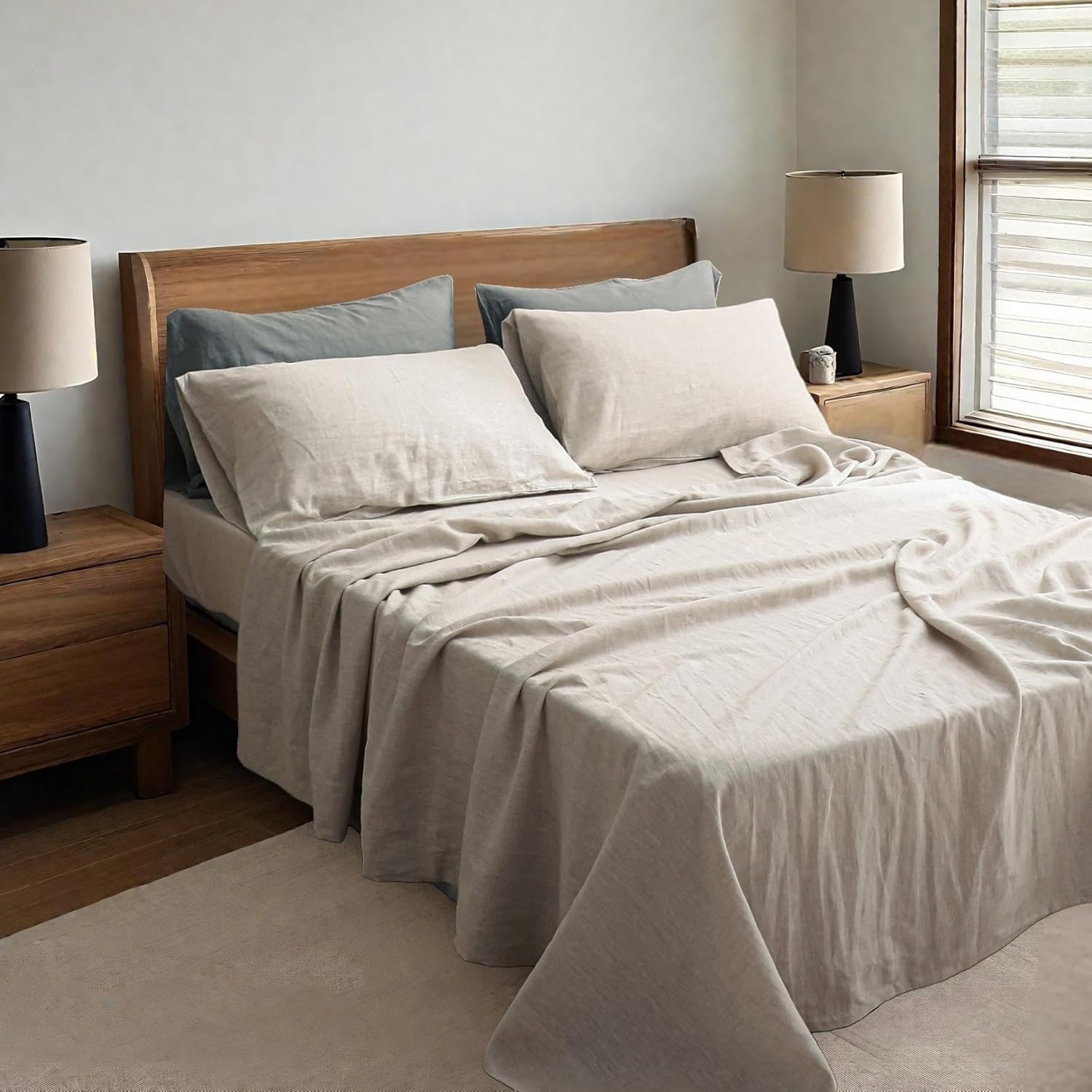 100% Linen Sheets Full Size Set, 4 Pcs Natural French Linen Bed Sheets, Breathable Soft Durable Bedding Set for All Season (Linen, Full)