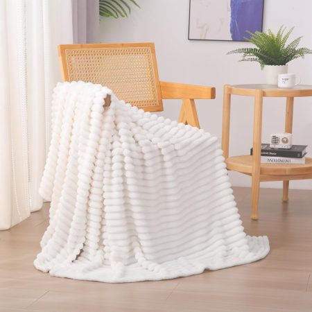 Cream White Fleece Throw Blanket 50????60?? for Couch Sofa Bed,Super Soft Cozy Plush Microfiber Flannel Blanket with Stripes Design Lightweight for Adults,Woman,Girls