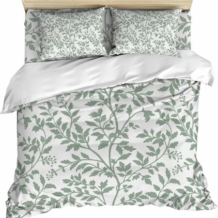 Green Botanical Comforter Cover , Vintage Leaf Pastoral Rustic 4 Piece Bedding Set with Zipper Closure All Season Duvet Cover for Child Girls Boys, Breathable, Soft