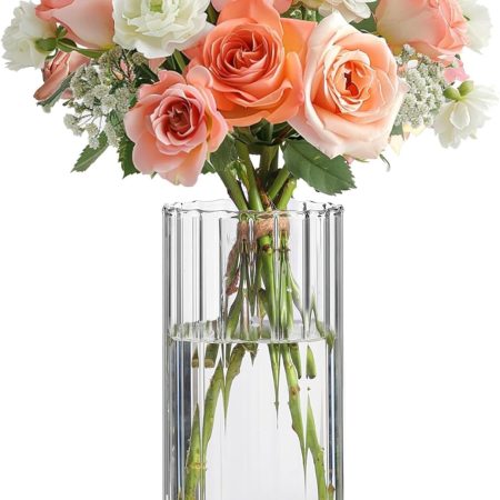Glass Cylinder Vases, Bud Vase for Centerpieces, 8 Inch Tall Ribbed Vase Hurricane Floating Candle Holder, Decorative Flower Vases for Wedding Reception, Home Decor, Housewarming Gift (Clear)