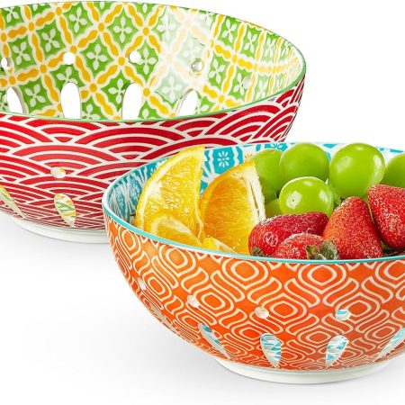 8" Berry Basket Set of 2, Ceramic Fruit Bowls, Colorful Fruit Colanders, Cute Small Container for Strawberry, Fruit Basket for Kitchen Counter, Orange & Red Color