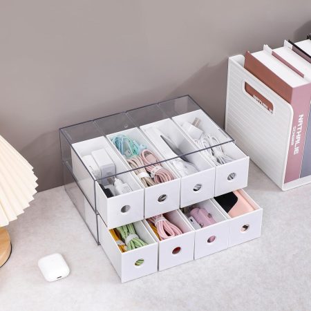 2 Pack Plastic Cord Organizer Drawers, Cable Storage Box with 40pcs of Wire Ties, Large Electronics Management Display Case for Desk Accessories, Office Supplies, USB, data Cable (White)