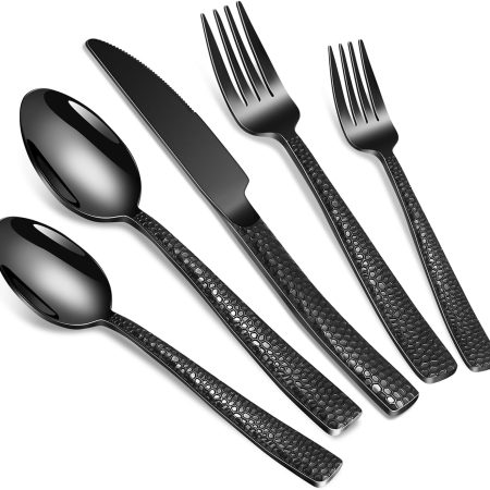 40-Piece Silverware Set, Black Hammered Stainless Steel Flatware Sets for 8, Food-Grade Tableware Set, Including Fork Knife Spoon Set, Durable Home Kitchen Cutlery Sets, Dishwasher Safe