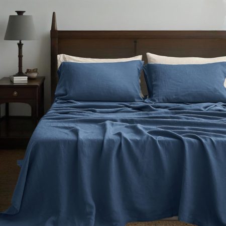 100% Linen Sheets Full Size Set, 4 Pcs Natural French Linen Bed Sheets, Breathable Soft Durable Bedding Set for All Season (Classic Blue, Full)