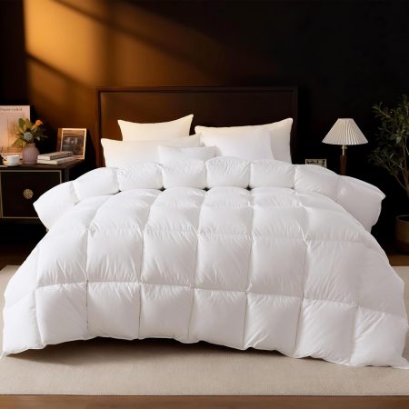 Goose Feather Down Fiber Comforter Queen Size - 100% Cotton Duvet Insert with 8 Corner Loops - Luxurious All-Season Hotel Collection, 90x90 Inch