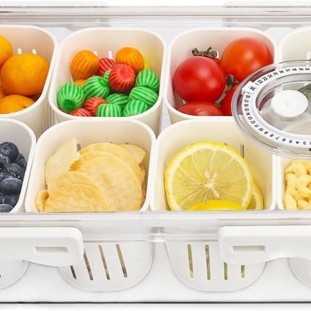 Divided Serving Tray with Lid, Portable Snack Box Charcuterie Veggie Tray with Lid, Food Storage Organizer with 8 Colandersfor Fruit, Vegetable, Refrigerator, Kitchen, Party, Picnic