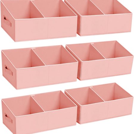 Large Closet Shelf Organizer Bins 6 Packs with Handles and Divider, Fabric Trapezoid Storage Baskets, Foldable Clothes Containers Box for Shelf, Towel, Book, Toy, Purse, Hats, Pink