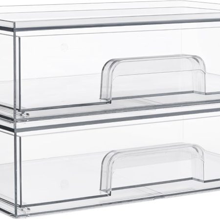12.1''W Clear Stackable Storage Drawers,2 Pack Acrylic Plastic Organizers Bins for Makeup Palettes, Cosmetics, and Beauty Supplies,Ideal for Vanity, Bathroom,Cabinet,Desk Organization