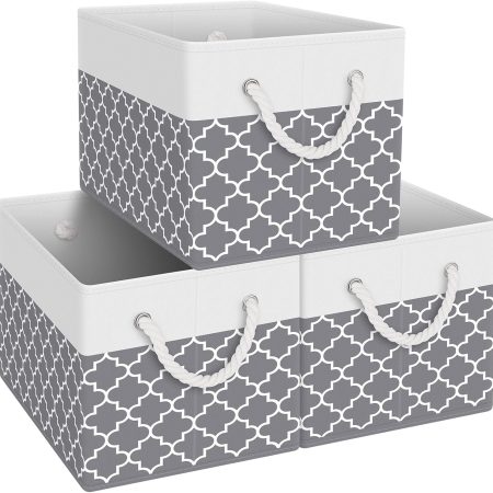 Storage Bins [3-Pack], Foldable Storage Baskets for Organizing Toys, Books, Shelves, Closet, Large Storage Box with Rope Handles, Sturdy Organizer Bins,Clover Grey