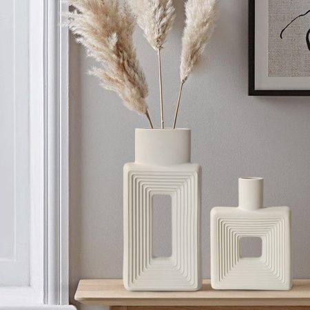 White Ceramic Vase Set of 2??Square Vase Rustic Home Decor Minimalist Nordic Boho Style for Living Room, Shelf, Table, Bookshelf, Mantel and Entryway Decor Vases