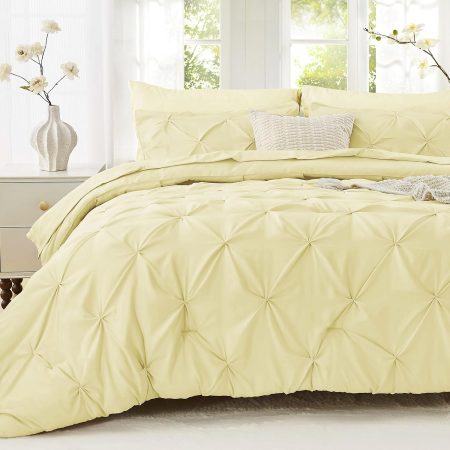 Queen Comforter Set, 7-Piece Bed in a Bag, Pintuck Bedding Sets for All Season, Includes Comforter, Flat Sheet, Fitted Sheet, Pillowcases and Pillowshams, Cream Yellow