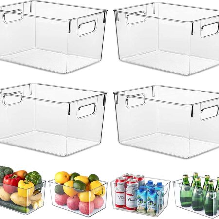 Fridge Organiser Set, Clear Plastic Storage Bins, 4 Pack Pantry Organizers & Storage Containers, Cabinet Organizer, Home Organization Must Haves for Kitchen, Laundry Room, Office, Closet & Freezer