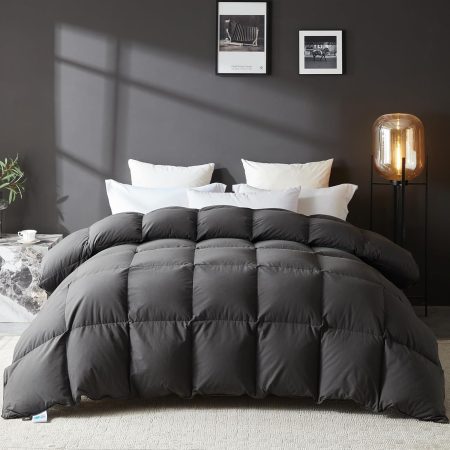 L  Goose Feather Down Fiber Comforter King Size, 100% Organic Cotton Fabric Duvet Insert,1200TC,750+FP, Hotel Collection, All Season Grey Bedding Comforters with 8 Tabs,84oz