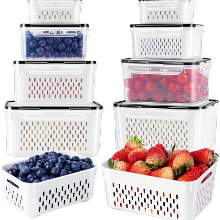 4 PCS Fruit Storage Containers for Fridge with Removable Colander, Airtight Food Storage Container, Dishwasher Safe Produce Saver Container for Refrigerator, Keep Berry Fruit Vegetable Fresh Longer