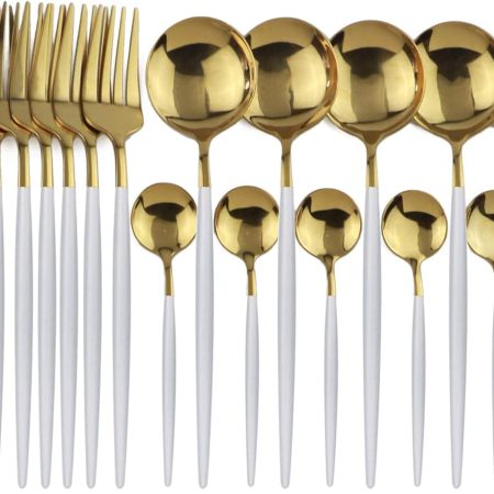 24-Piece Flatware Set, 18/0 Stainless Steel Knife Fork Spoon Teaspoon Silverware Set, Service for 6, White Handle Gold