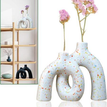 Hug Donut Decorative Vase Set,Minimalist Nordic Boho Style Vases Home Decor,Matte Ceramic Hollow Vase Decorations for Living Room Shelf, Bookshelf Mantle Entryway Table or Console D??cor. (Multi)