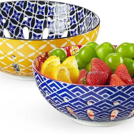 8" Fruit Basket Set of 2, Ceramic Berry Bowls, Colorful Fruit Colanders, Cute Small Container for Strawberry, Fruit Basket for Kitchen Counter, Blue and Yellow Color