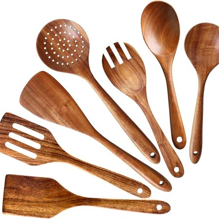 7 Pcs Acacia Wood Cooking Utensils Set Large Wooden Spoons for Cooking Spatula Salad Mixing Spoon Non Toxic Utensil for Kitchen Use Spatulas Non Stick Turner Slotted Serving Spoon Kitchen Utensils