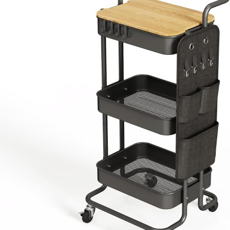 3 Tier Metal Utility Rolling Cart with Table Top and Side Bags, Tray Storage Organizer Wheels, Art Craft 4 Hooks for Kitchen Bathroom Office Living Room (Black)