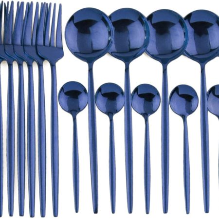 24-Piece Flatware Set, 18/0 Stainless Steel Knife Fork Spoon Teaspoon Silverware Set, Service for 6, MIrror Blue