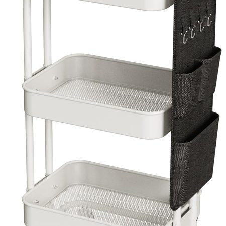 3 Tier Metal Utility Rolling Cart with Table Top and Side Bags, Metal Tray Storage Organizer Cart with Wheels, Art Craft Cart with 4 Hooks for Kitchen Bathroom Office Living Room (White)