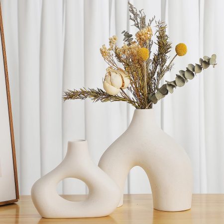 White Ceramic Vase Set of 2 for Modern Minimalist Bohemian Decor??Round Matte Donut Vases for Pampas Grass-Perfect for Living Room, Dining Table, Office Bedroom Shelf Decor Entryway, Console