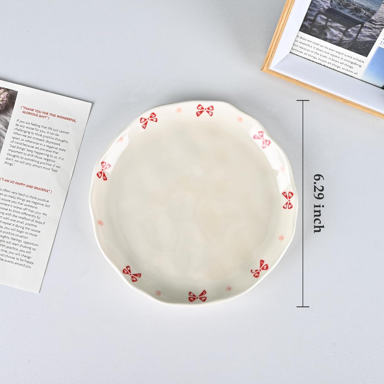 Ceramic Dessert Plates, Cute Fruits Dinner Plate, Creative Plates Design, Printed Flowers Dinnerware for Office and Home, Kitchen Plates for Desserts (Cute Bow)