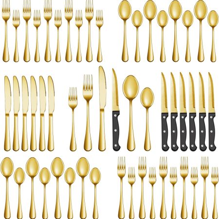 24 Pcs Gold Silverware Set with Steak Knives, Stainless Steel Flatware Cutlery Set Service for 4, Kitchen Tableware Set, Utensil Set for Home and Restaurant, Knives Forks Spoon Set, Dishwasher Safe