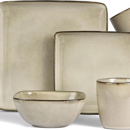 16 Piece Square Dinnerware Set for 4, Stoneware Plates and Bowls Dish Set, Includes Dinner Salad Plates, Cereal Bowls, Mugs, Microwave & Dishwasher Safe, Sandy Beige
