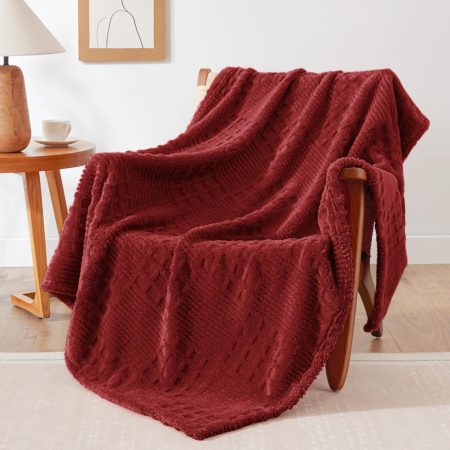 Fleece Throw Blanket for Couch or Bed - 3D Waffle Patchwork Pattern Jacquard Decorative Blankets - Cozy Soft Lightweight Fuzzy Flannel Blanket Suitable for All Seasons(50"??60",Red)
