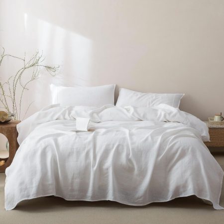 100% French Pure Linen Sheets Set King Size,Oeko-TEX Certified Bedding, All-Season Breathable for Hot Sleepers,16 Inch Deep Pocket Machine Washable 4-Piece (White)