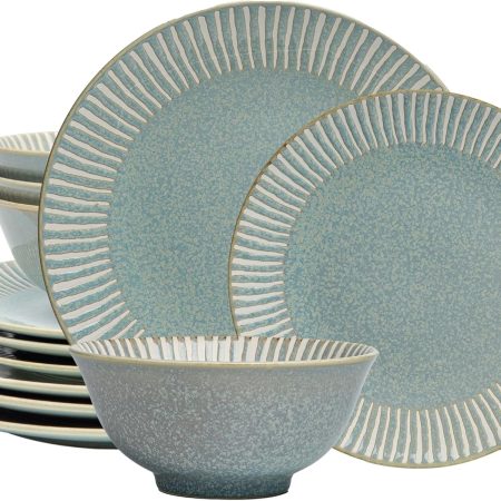 12-Piece Reactive Blue Ceramic Dinnerware Set Bali Breeze Blue Elegant Table Setting for Every Occasion - Microwave & Dishwasher Safe Stackable