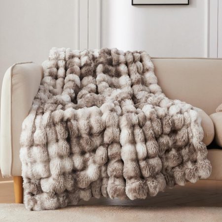 Faux Fur Throw Blanket for Couch, Cozy Soft and Fuzzy Plush Rabbit Fur Bubble Blanket for Sofa Bedroom Living Room, 50x60 Inches Tie Dye Brown