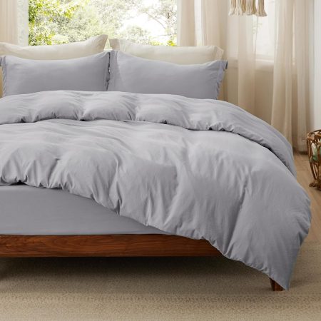 Duvet Cover Queen Size with Fitted Sheet - 4 Pieces Prewashed Cotton-Like Extra Soft Bedding Set, Includes 1 Duvet Cover 90x90 Inches, 2 Pillow Shams, 1 Fitted Sheet, Light Grey