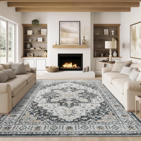 Area Rug 8x10,Ultra-Thin Washable Rugs for Living Room, Non-Slip Backing Area Rugs,Small Entryway Rug,Vintage Medallion Pattern Rugs (Black,8'x10')