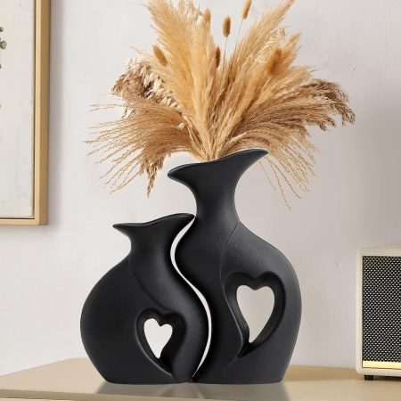 XL Black  Hollow Ceramic Vase Set of 2,Minimalist Decorative Modern Vases,Heart Shaped Flower Vase for Home Decor (XL Black W 9.7" X H 10.1")
