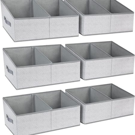 Large Closet Shelf Organizer Bins 6 Packs with Handles and Divider, Fabric Trapezoid Storage Baskets, Foldable Clothes Containers Box for Shelf, Towel, Book, Toy, Purse, Hats, Grey
